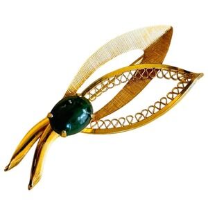 VTG estate Zeidell's green Jade Natural brooch pin Gold filled High End retro